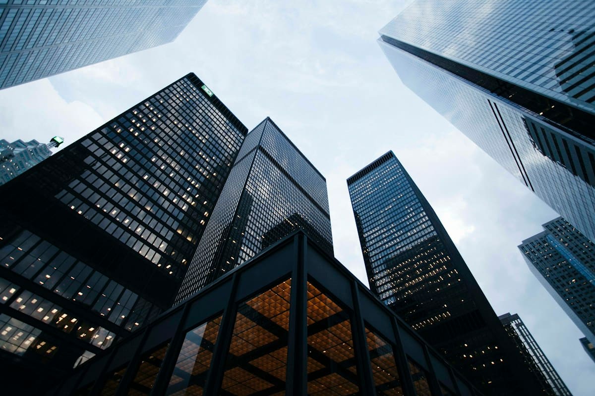 Glass architectural facade with a precise geometric grid Glass architectural facade with a precise geometric grid